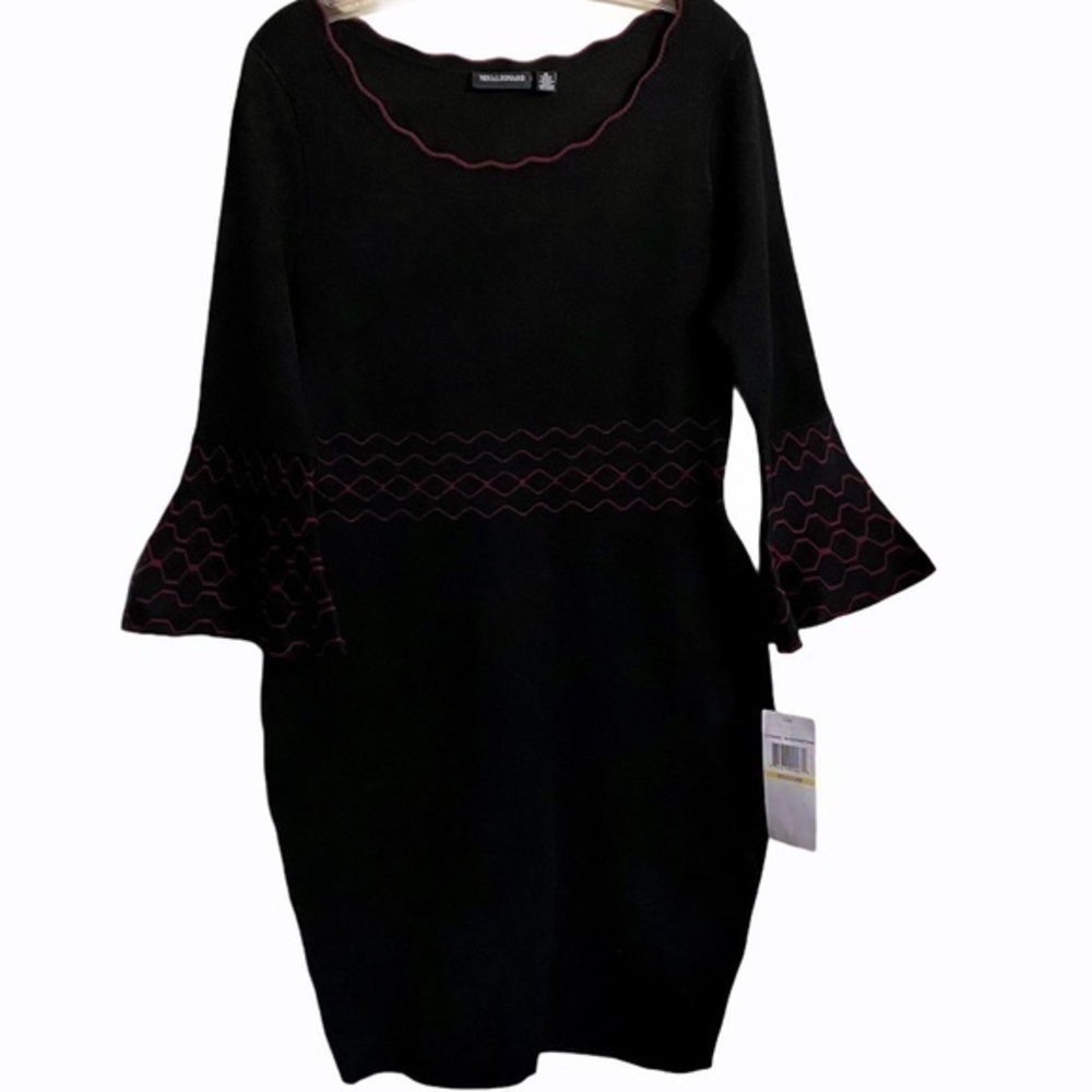 NWT Nina Leonard Black Burgundy Bell Sleeve Knit Bodycon Dress Size Medium